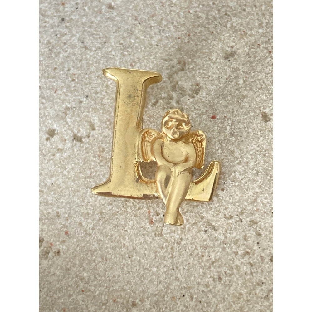 Gold Tone Letter L Angel Brooch‎ Pin Cherub Initial Monogram Small Size
